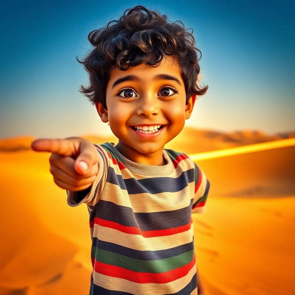 A young Arabic boy, Samy, with curly black hair wearing a striped t-shirt, pointing excitedly at a beam of light shining through the sand, smiling, surrounded by desert scenery, vibrant colors, adventurous and cheerful, high quality
