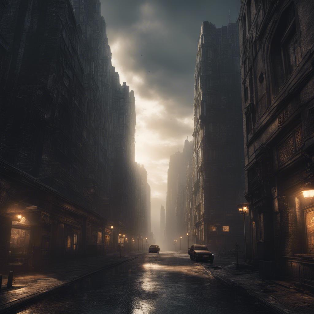 A mysterious city where the sun never touches, with tall dark buildings and dimly lit streets, digital art, moody atmosphere, soft shadows, believable urban landscape, high quality
