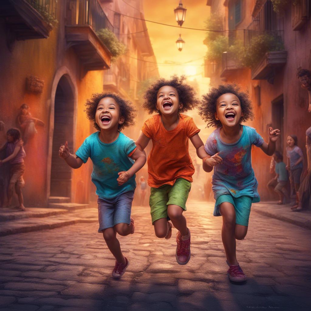 Happy children wearing colorful clothes playing in the dimly lit streets of the mysterious city, their laughter echoed in the air, illustration, cheerful, inviting, vibrant colors, child-friendly, storytelling