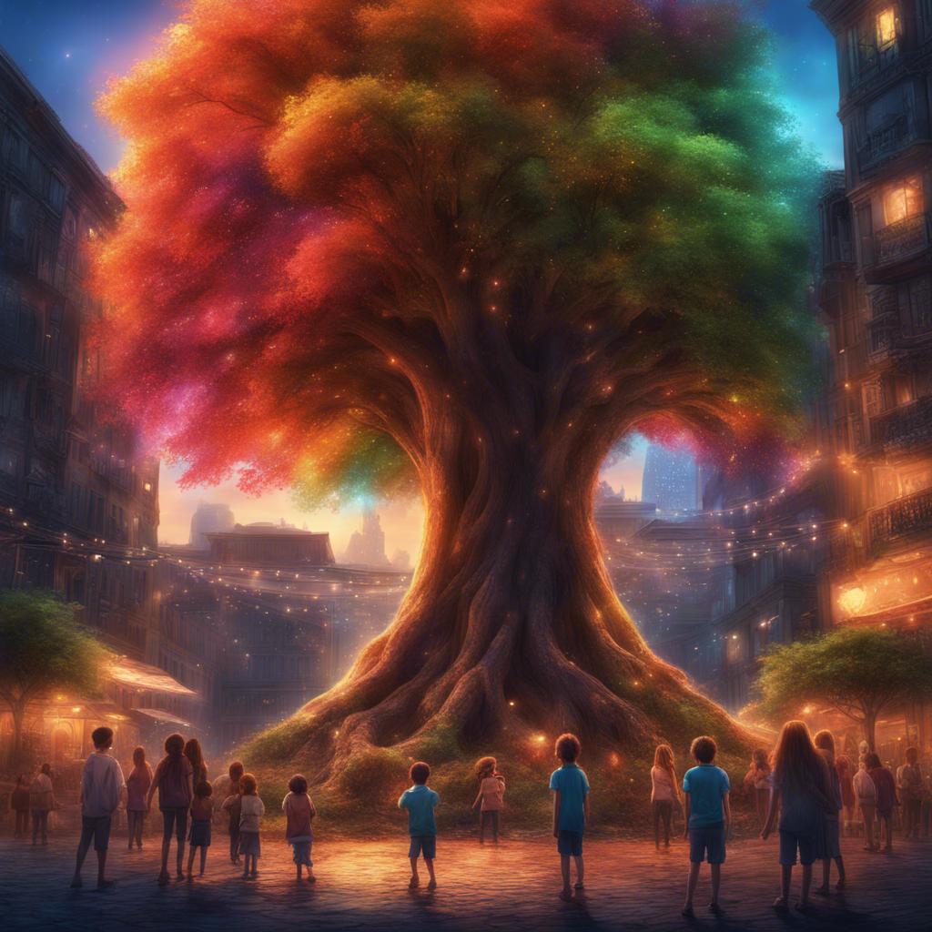 A large, glowing tree in the center of the dark city, radiating bright colors, children gathered around with awe and excitement, digital painting, magical ambiance, warm light, high quality