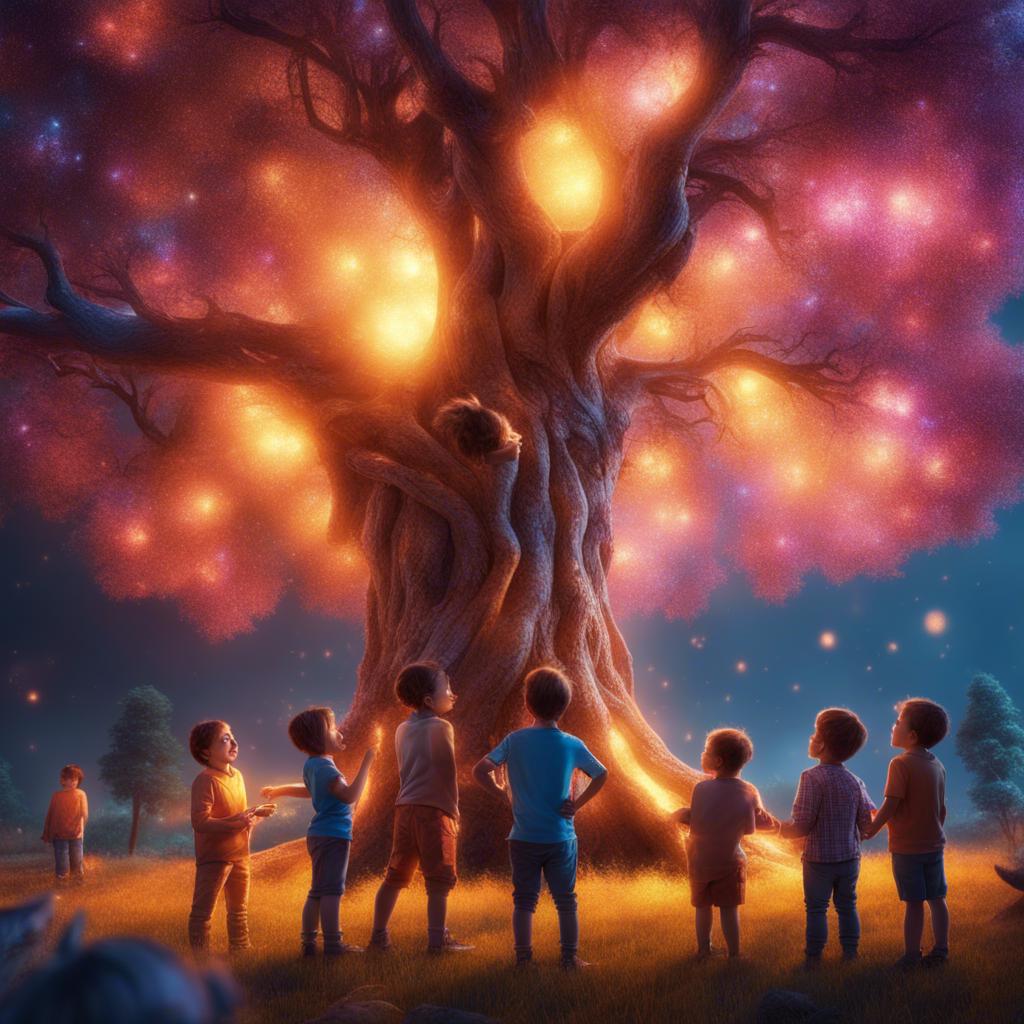 Curious children discussing as they stand around the glowing tree, excitement in their eyes and smiles on their faces, dynamic composition, detailed, energetic scene, bright colors, storytelling