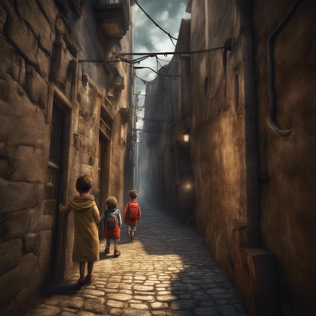 A narrow alley with mysterious shadows and narrow paths, children venturing on their adventure with wonder in their eyes, digital art, intriguing perspective, mystical atmosphere, high quality