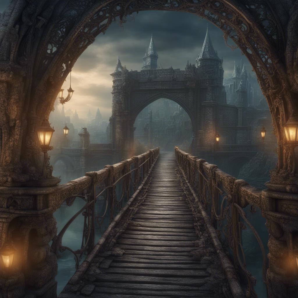 An old, eerie bridge connecting the dark city to the outside world, decorated with intricate carvings and safe for adventurous children, illustration, detailed textures, fantasy, atmospheric lighting, high quality