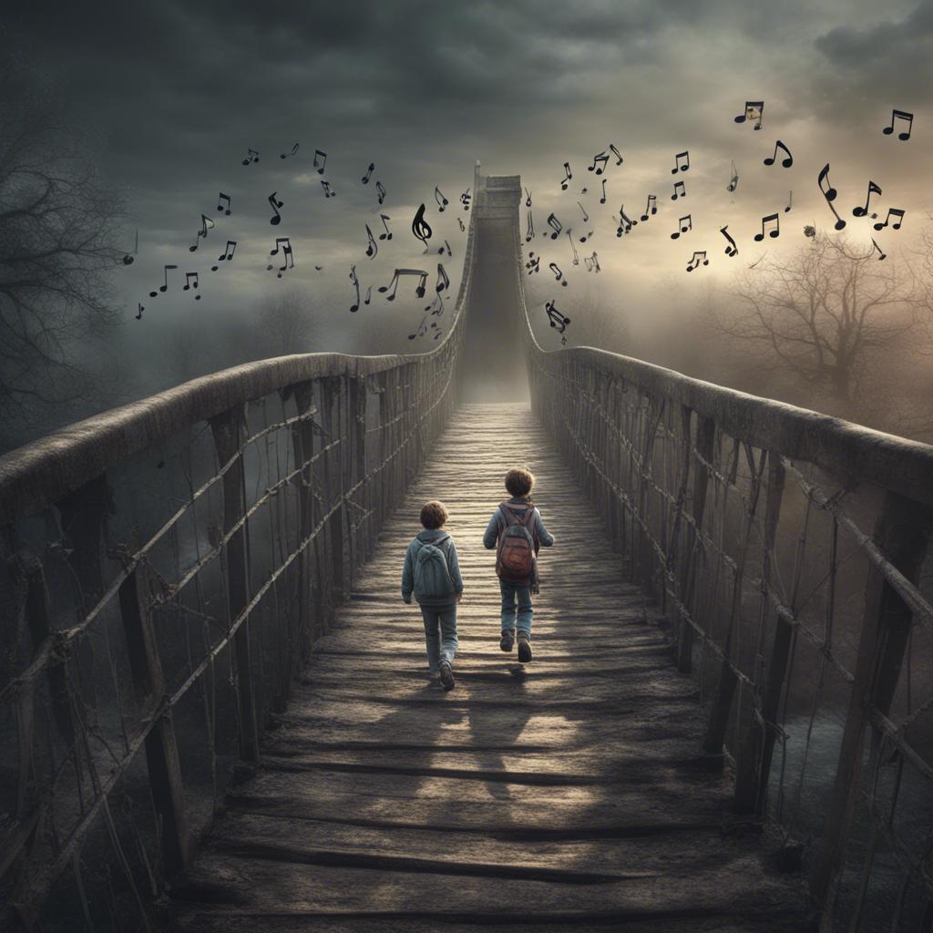 Children crossing a spooky old bridge, with hovering musical notes accompanying their journey, playful yet slightly eerie vibe, digital art, enchanting imagery, high quality