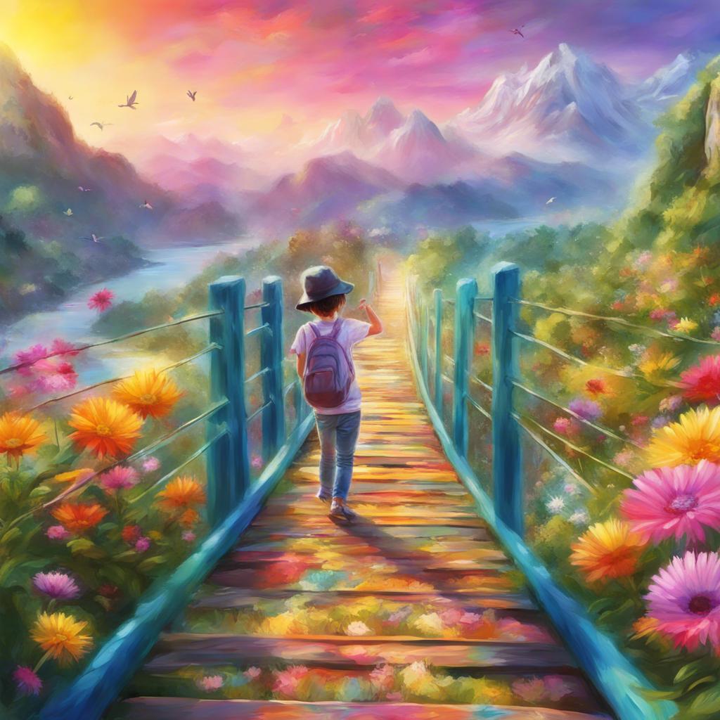 A sunny world filled with colors and flowers, children astonished by the sheer beauty after crossing the bridge, digital painting, bright and vibrant colors, joyful expressions, exploration theme, high quality