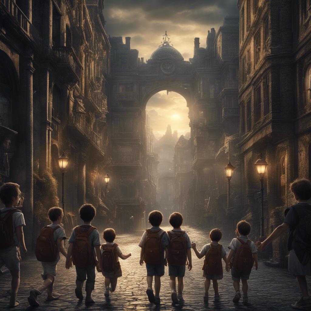Children returning to their dark city from the sunlit world, pledging to go back as they smile with joy, captivating scene, emotional illustration, detailed backgrounds, high quality