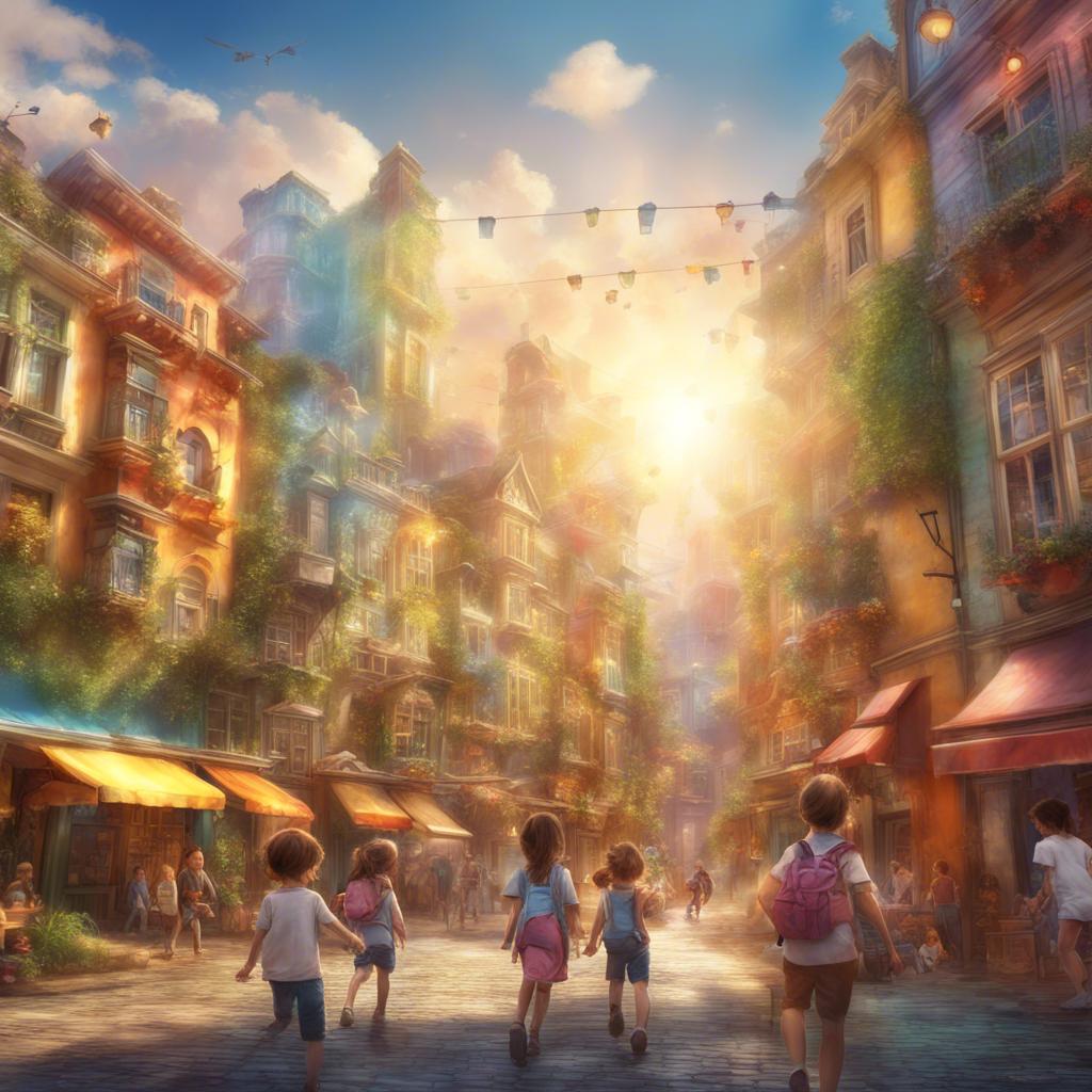 A bright and colorful city filled with sunlight and laughter, where the children dream of new adventures that await them, digital art, inviting warmth, joyful atmosphere, high quality