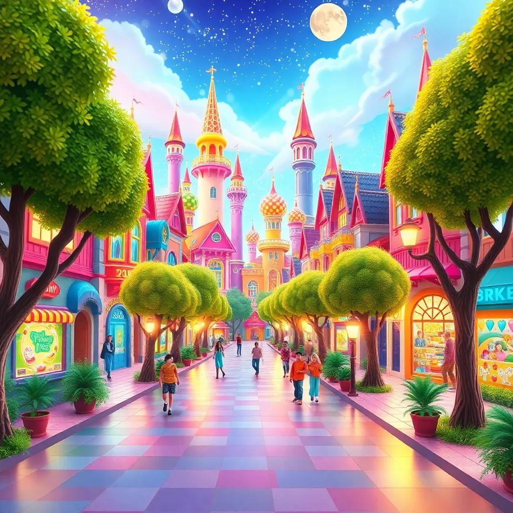 A colorful magical city with trees dancing and singing, bright lights, cheerful atmosphere, digital art, vibrant colors, inviting scene, high quality