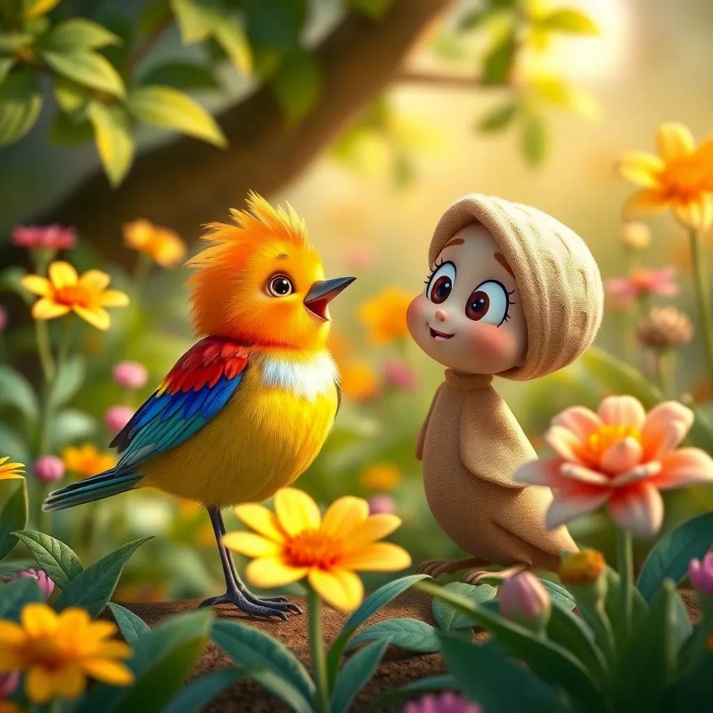 A small bird with bright feathers talking to Sami, who is amazed, in a magical garden with flowers that dance, whimsical design, vivid colors, engaging focus, high quality