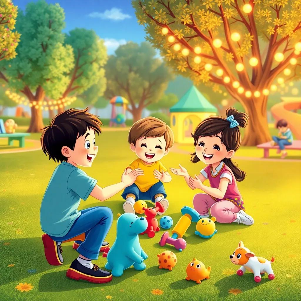 Children playing joyfully in a big, magical park, sharing and laughing together, with bright toys around, illustration, cheerful atmosphere, heartwarming scene, high quality
