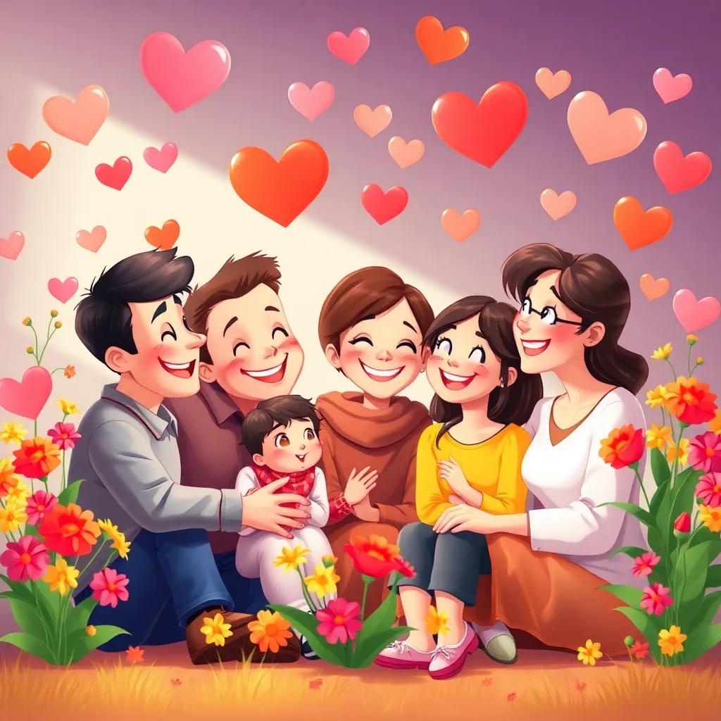 A large image of a happy family talking and smiling, surrounded by colorful hearts and flowers, symbolizing love and support, digital illustration, warm colors, inviting view, high quality