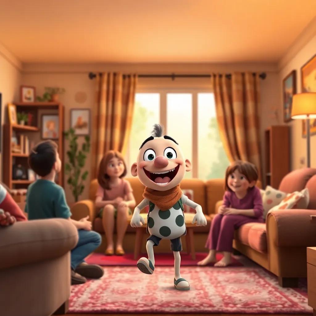 Sami happily returning home with a smile, sharing his adventure with his family, cozy living room with warm colors and family photos, heartwarming scene, high quality