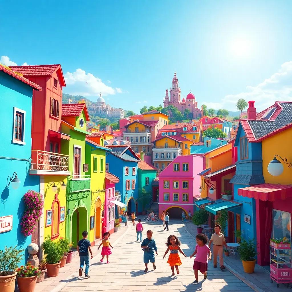 A beautiful city called المدينة الفاضلة with colorful houses and happy people, children playing in the streets, bright sun shining, digital art, vibrant colors, joyful atmosphere, high quality