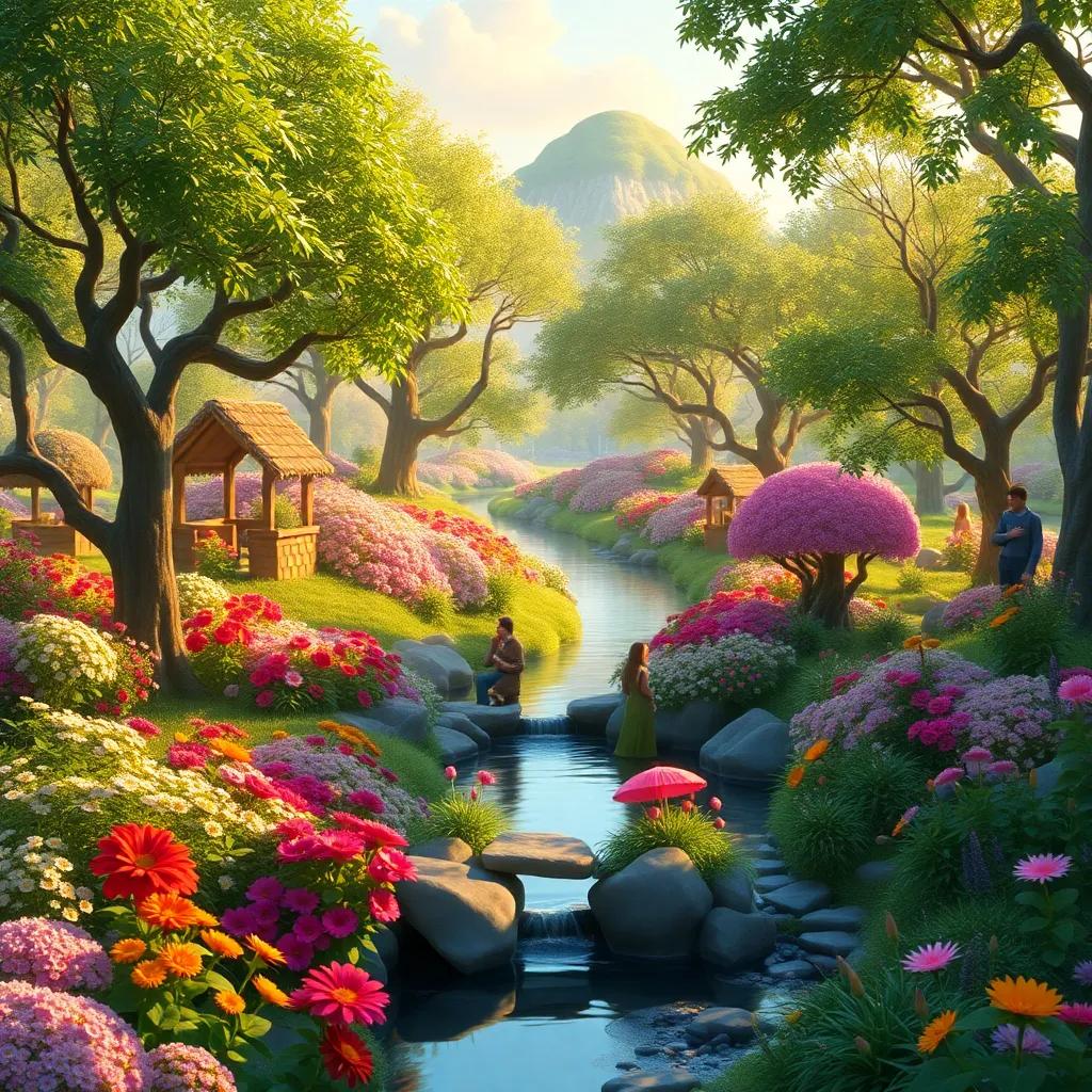 A beautiful garden in المدينة الفاضلة filled with colorful flowers and trees, a gentle river flowing through it, people talking and sharing ideas, warm light, serene atmosphere, enchanting scene, high quality