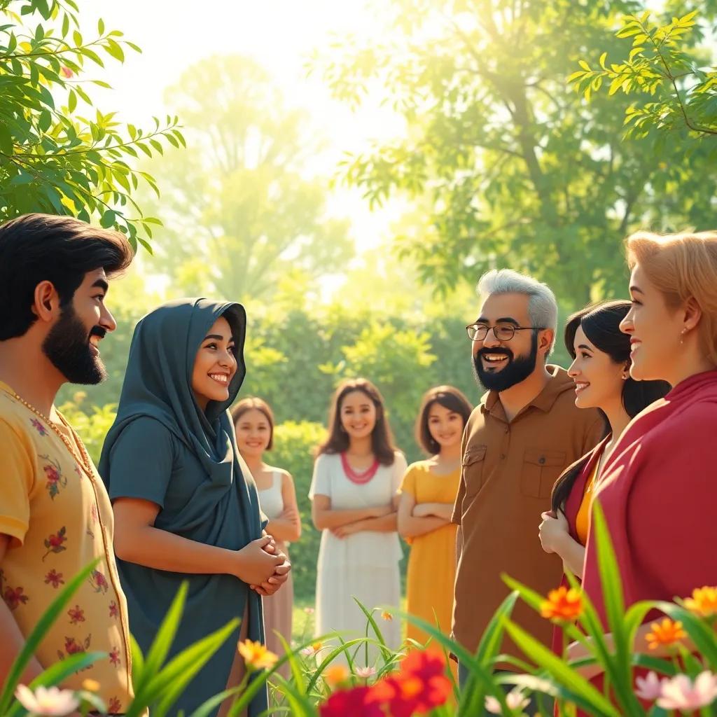 People of المدينة الفاضلة gathering in the garden and talking with respect and love, smiles on their faces, a sense of unity and warmth, bright sunlight shining down, uplifting scene, high quality