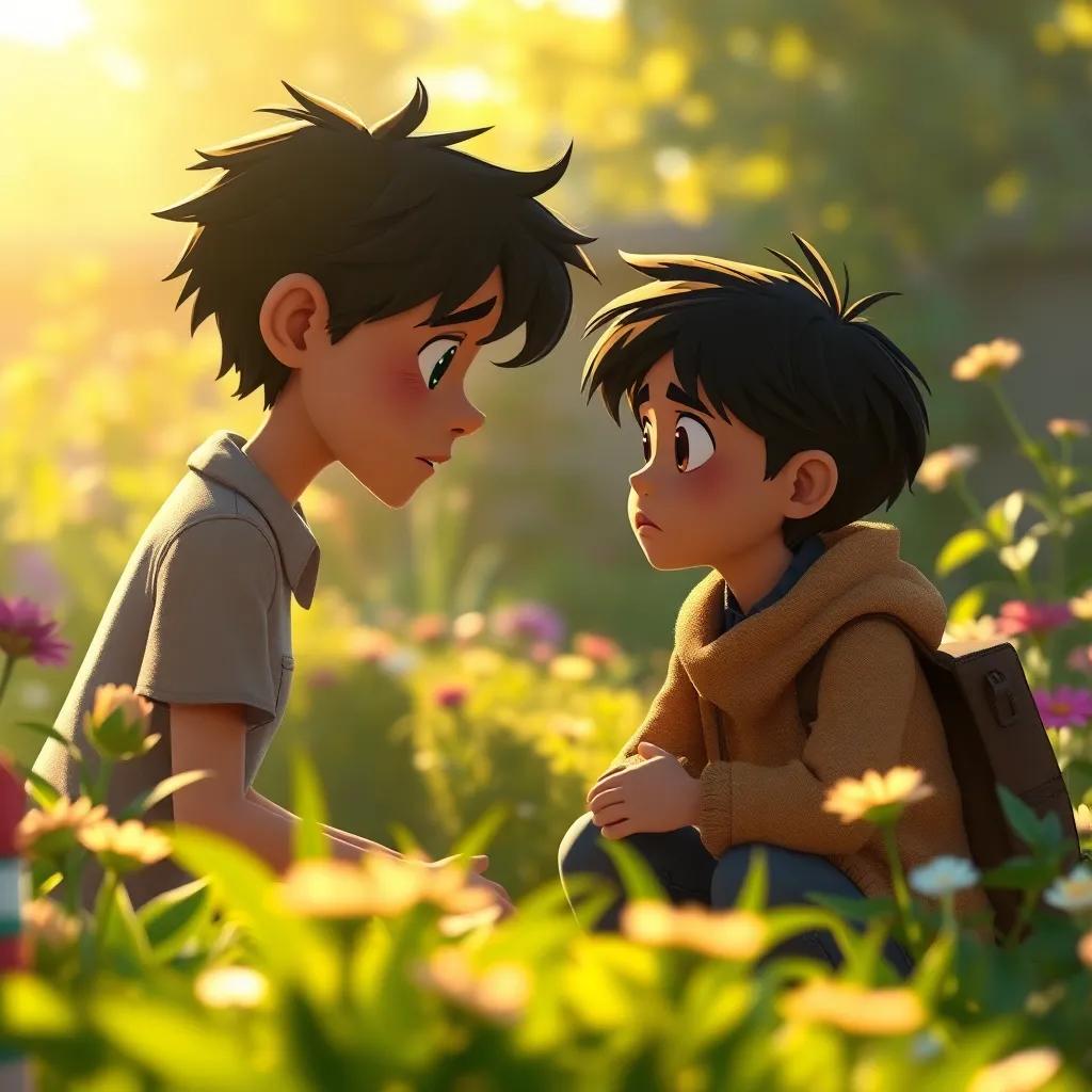 The stranger learning an important lesson about love and honesty, looking remorseful in the garden, a sense of understanding and acceptance in the air, warm light, heartwarming moment, high quality