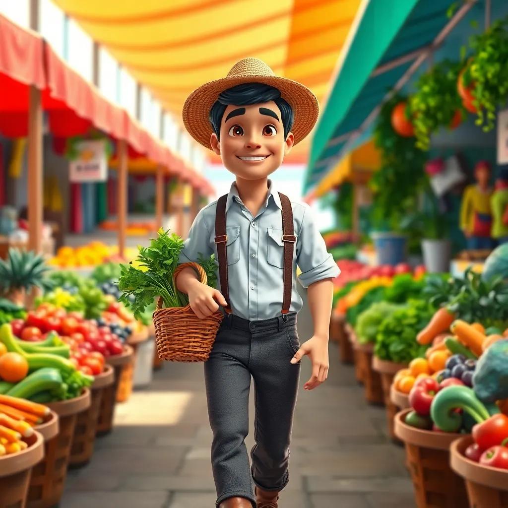 A kind farmer, Adel, dressed in a clean shirt and stylish pants, carrying a basket of fresh vegetables, walking through a colorful market, cheerful atmosphere, digital art, bright colors, inviting scene, high quality