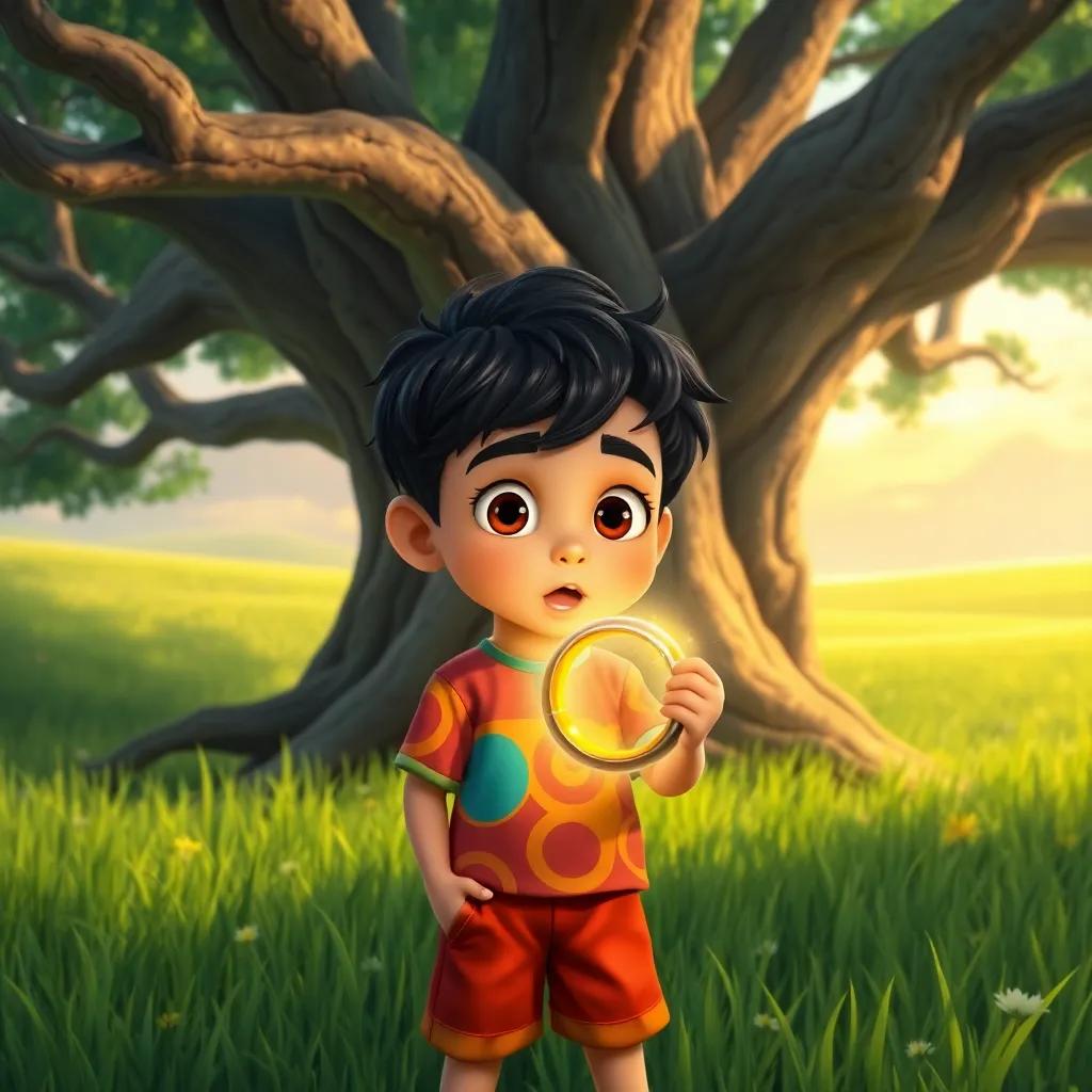 A young Arab boy, Ali, with short black hair wearing a colorful shirt and shorts, looking amazed while holding a shining magical ring under an ancient tree in a grassy meadow, digital art, bright colors, whimsical atmosphere, high quality