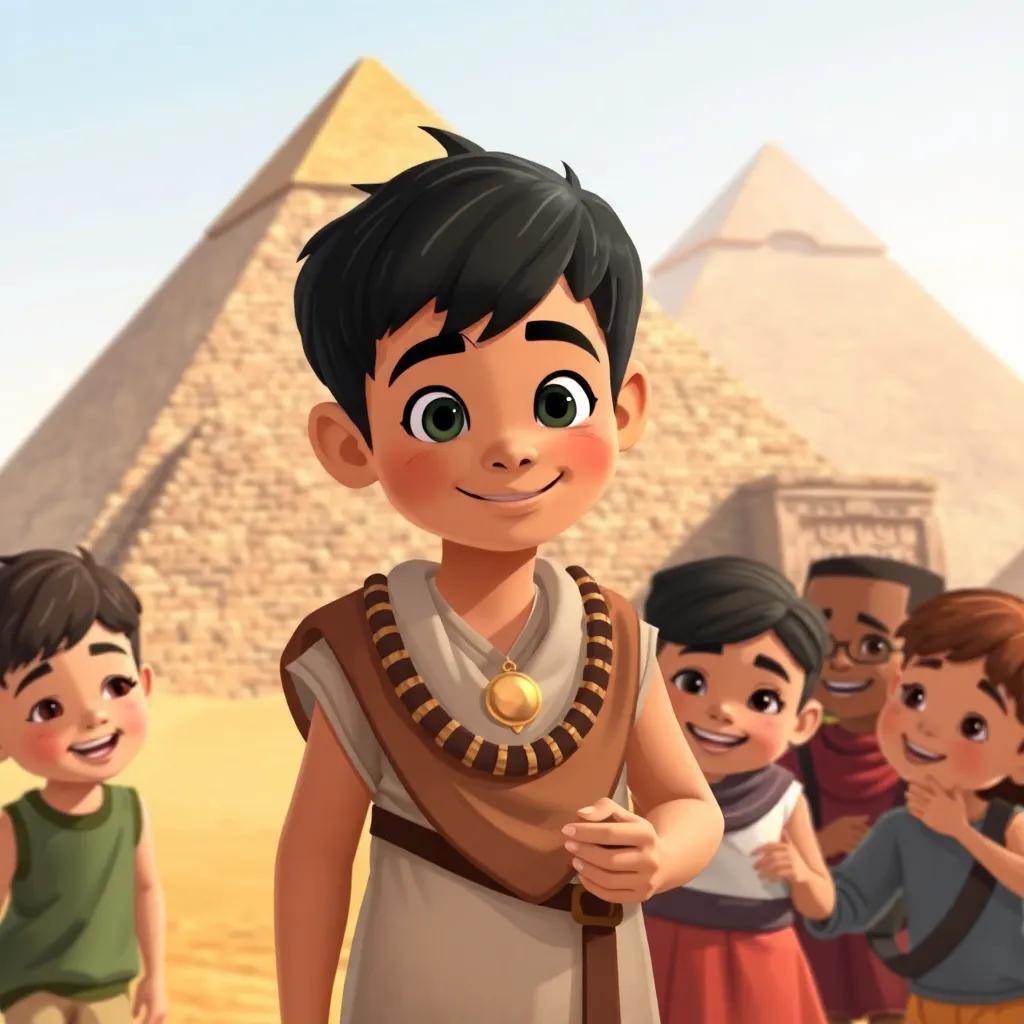 A young Arab boy, Ali, with short black hair, wearing an ancient Egyptian outfit, standing in front of large pyramids with children around him, sharing stories and smiling, illustration, warm colors, adventurous scene, child-friendly, high quality