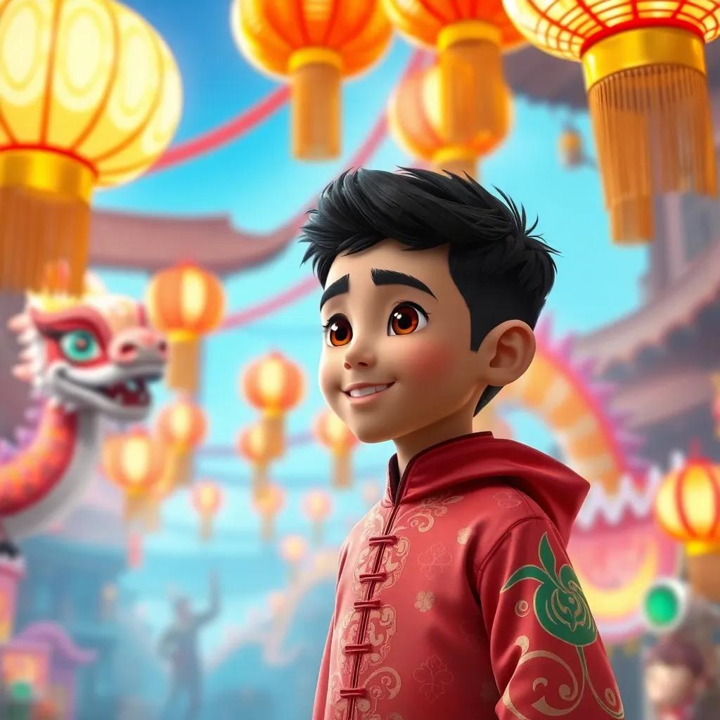 A young Arab boy, Ali, with short black hair, wearing a festive Chinese outfit, surrounded by colorful dragons and lanterns during a vibrant festival, joyful atmosphere, lively colors, detailed scene, high quality