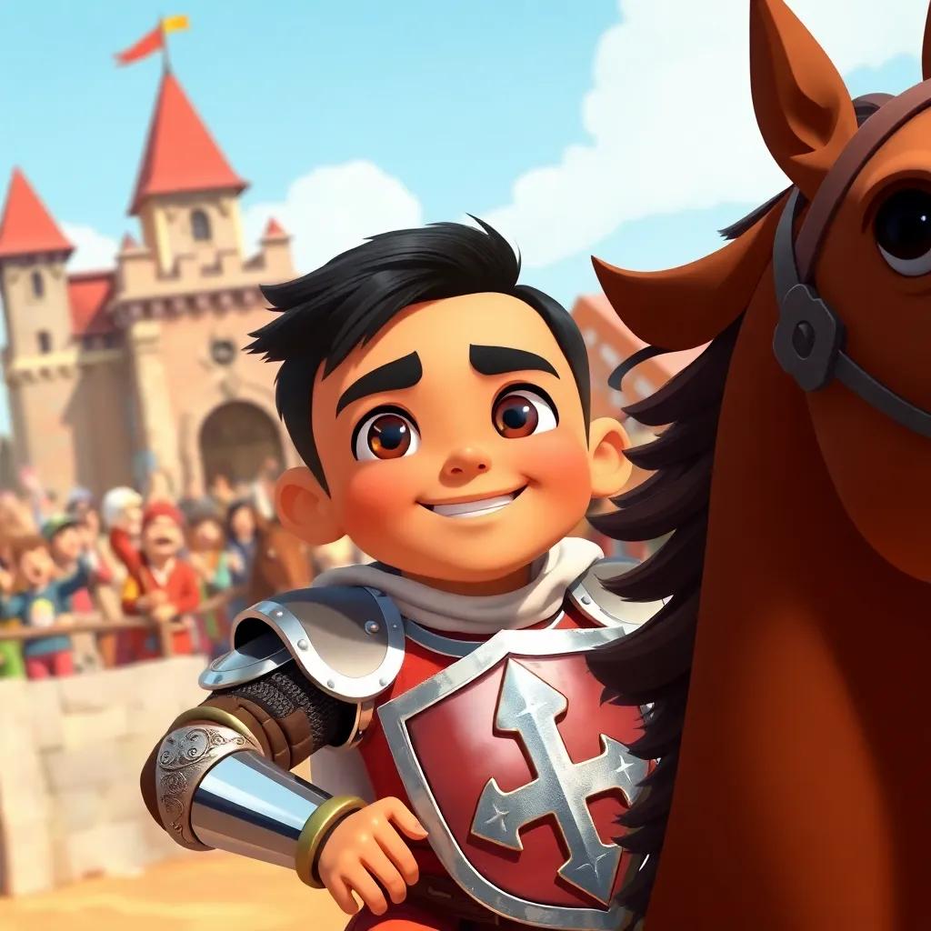 A young Arab boy, Ali, with short black hair, wearing a medieval knight's outfit, participating in a horse race, with castle background and cheering crowd, exciting scene, vivid colors, dynamic action, high quality
