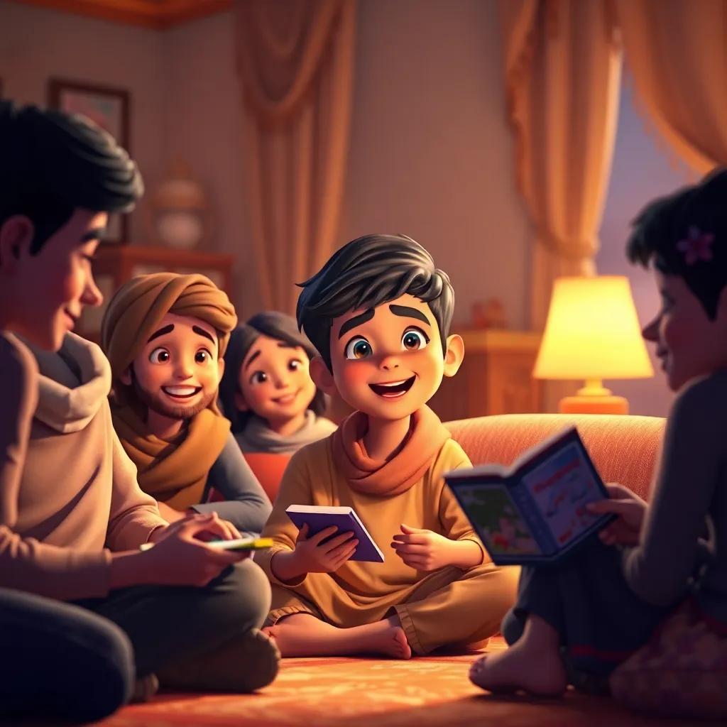 A young Arab boy, Ali, with short black hair, wearing modern clothes, sitting in a cozy room surrounded by friends, animatedly telling stories of his adventures, warm and inviting colors, heartwarming atmosphere, high quality