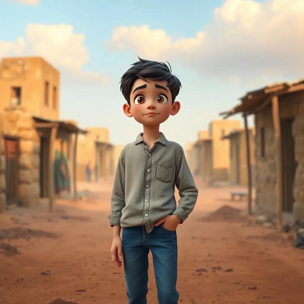 A young Arab boy, Said, with dark hair wearing a simple shirt and jeans, standing in a small village surrounded by dusty roads and modest homes, looking determined as he dreams of building a hospital, digital art, warm colors, inspirational atmosphere, high quality