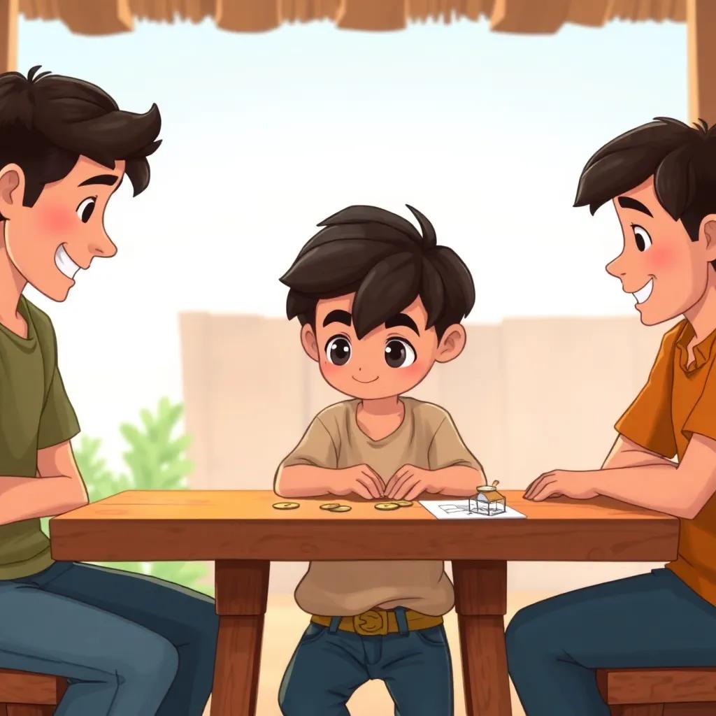 Said, a young Arab boy with dark hair in a simple shirt and jeans, discussing with his friends around a wooden table, with a few coins and small sketches of a chicken coop, expressive faces, hopeful expressions, illustration, cheerful setting, optimistic vibe, high quality