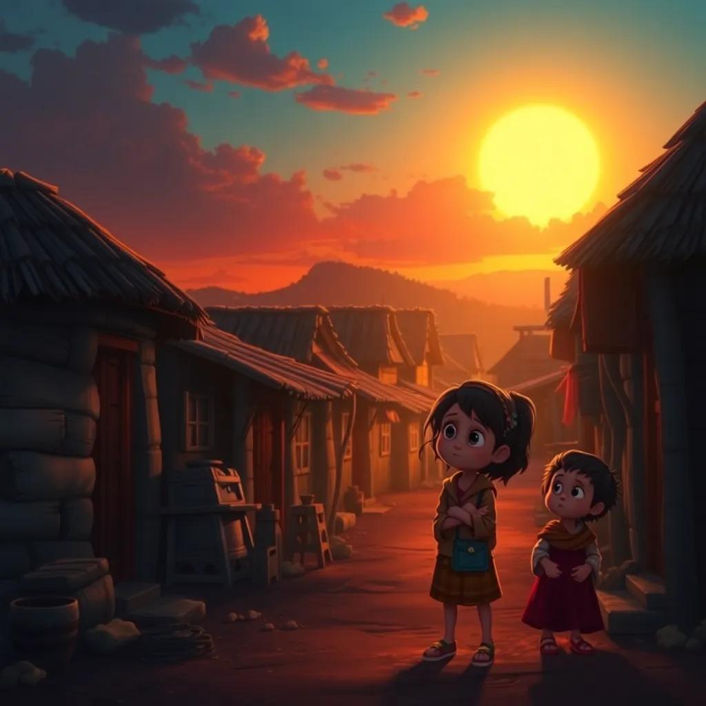 A small village at sunset, with dark houses and children looking sad, a young girl named Noor thinking about sunlight, vibrant colors, warm sunset light, inviting atmosphere, digital art, high quality