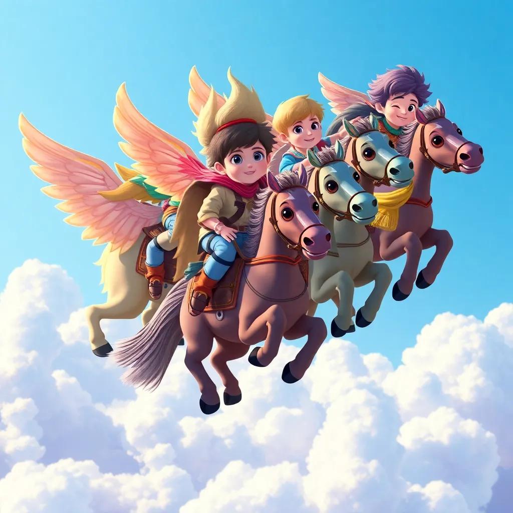 A group of brave children, with diverse looks and colorful outfits, riding winged horses in the sky above fluffy clouds and a blue background, energetic atmosphere, digital art, bright colors, whimsical, high quality