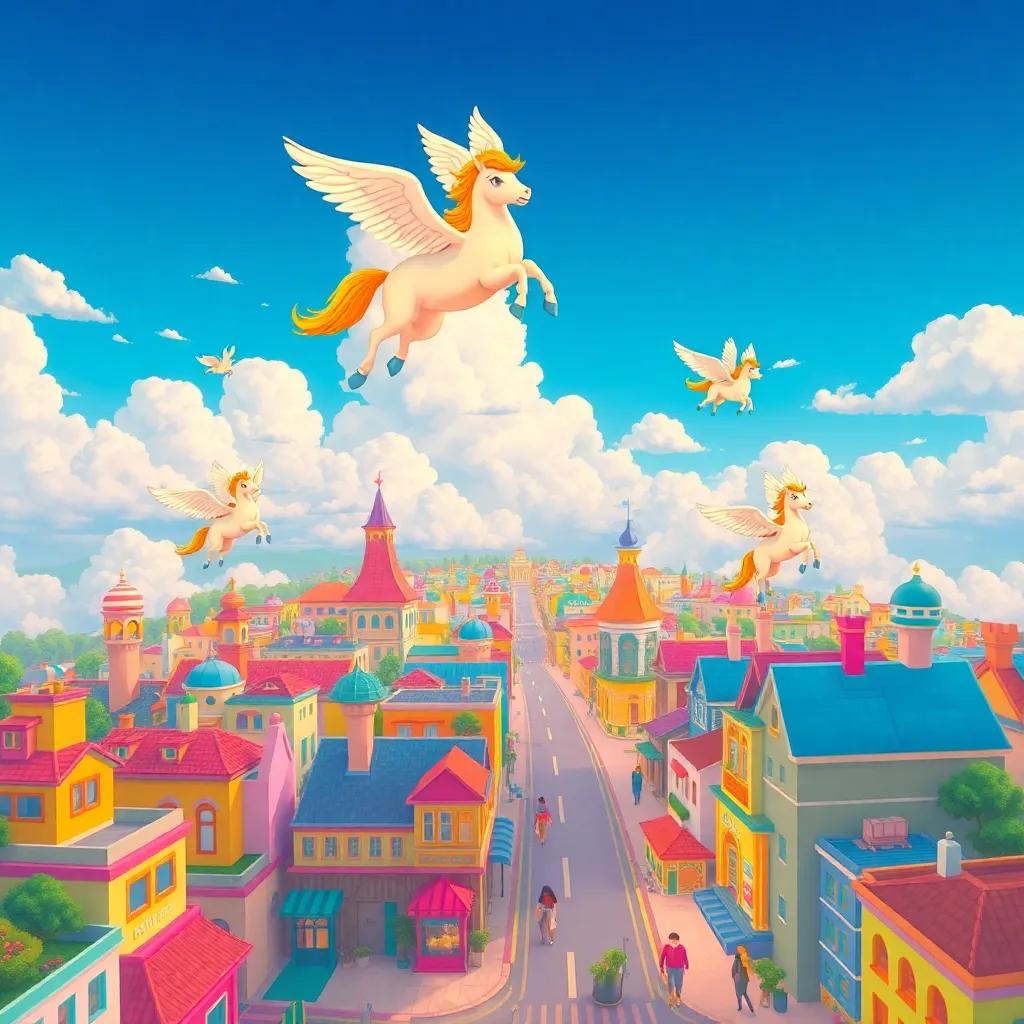 A colorful fantasy city below the clouds, with vibrant buildings and joyful streets, seen from the sky with winged horses flying above, cheerful, lively, child-friendly