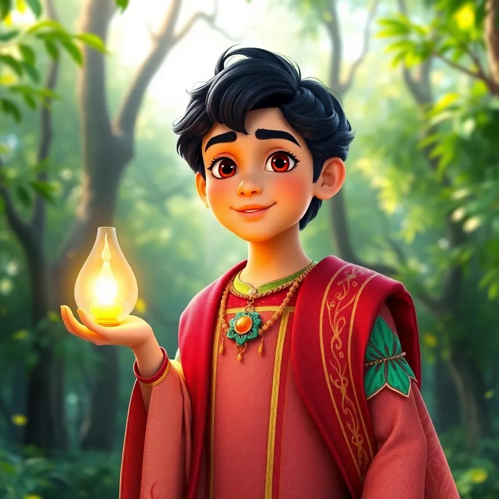A young Arab prince, Ali, with dark hair wearing a colorful traditional outfit, standing in a bright green forest with a glowing magical lamp in his hand, digital art, vibrant colors, enchanting atmosphere, high quality