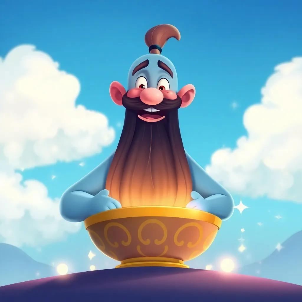 A giant genie, cheerful with a long beard, emerging from a magical lamp, surrounded by sparkles and light, with a blue sky in the background, illustration, whimsical, friendly, child-friendly
