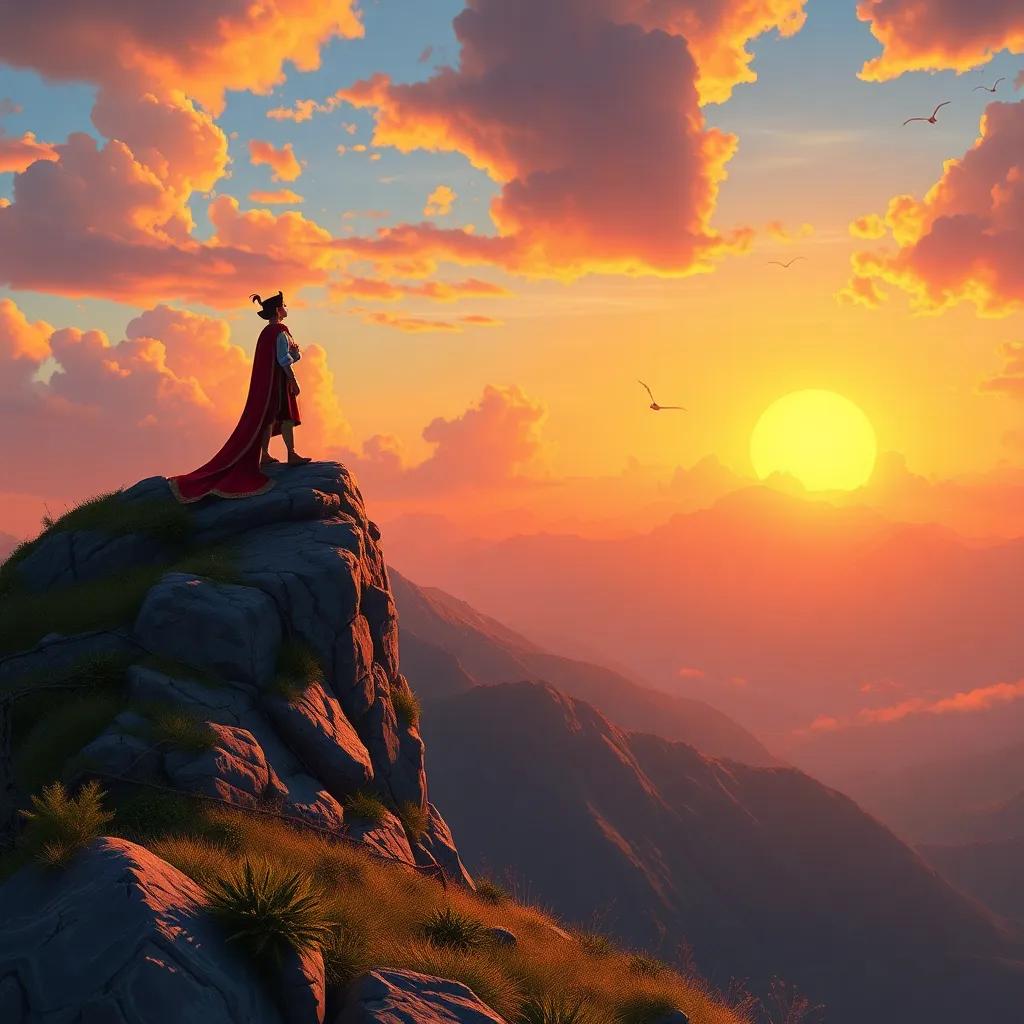 A beautiful mountain landscape with the prince and the genie on top, gazing at a colorful sunset, with clouds and birds in the sky, digital painting, warm colors, adventurous