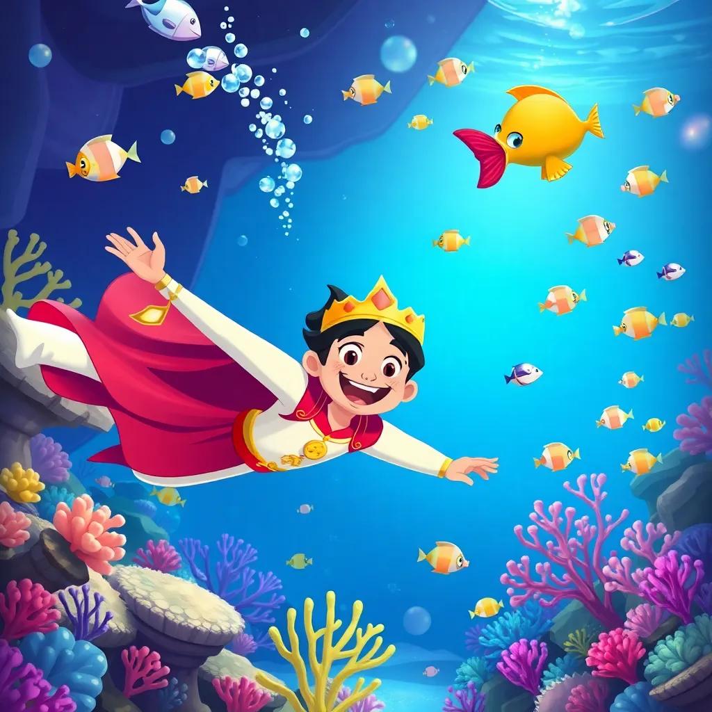 A prince and a genie diving underwater, surrounded by colorful fish and coral reefs, illustration, cheerful, lively, child-friendly