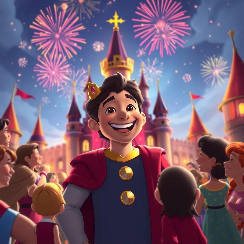 The prince returning to his palace with a big smile, surrounded by friends and family, joyous atmosphere with fireworks in the sky, colorful, warm light, heartwarming