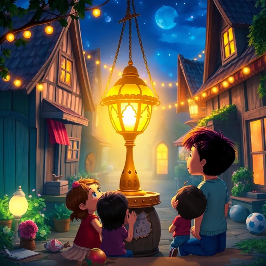 A magical lamp glowing softly in a quaint village at night, children gathered around it with excited expressions, enchanting scene, digital art, warm lights, colorful atmosphere, high quality