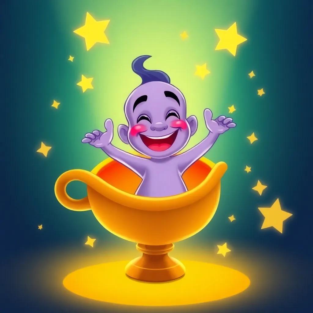 A friendly genie emerging from the magical lamp with a joyful smile, surrounded by twinkling stars, child-friendly setting, illustration, bright colors, inviting scene, high quality