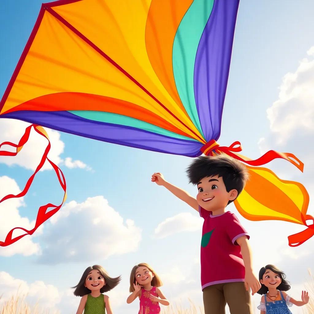 A large colorful kite soaring in the sky held by a boy named Alaa, with friends laughing beneath, sunny day, vibrant colors, joyful atmosphere, high quality