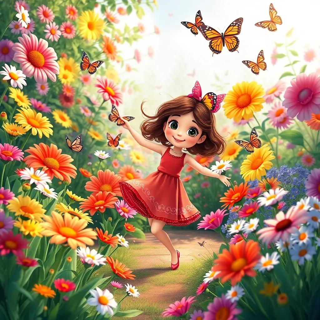 A beautiful garden filled with colorful flowers and butterflies, a girl named Sara dancing amidst the flowers with a smile, bright and vibrant scene, illustration, cheerful mood, high quality
