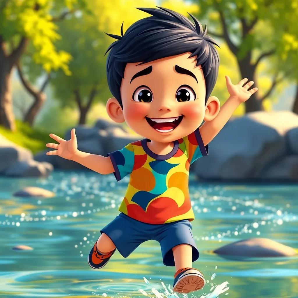 A young Arabic boy, Adel, with short black hair, wearing a colorful t-shirt and shorts, joyfully playing near a river with sparkling water and green trees, whimsical art, bright colors, cheerful atmosphere, high quality