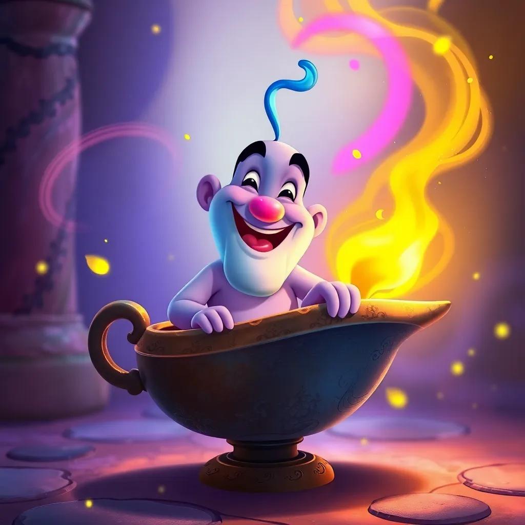 A magical scene showing a friendly, smiling genie emerging from a dusty old lamp, with colorful swirls and sparkles surrounding him, fantasy illustration, vibrant colors, enchanting mood, high quality