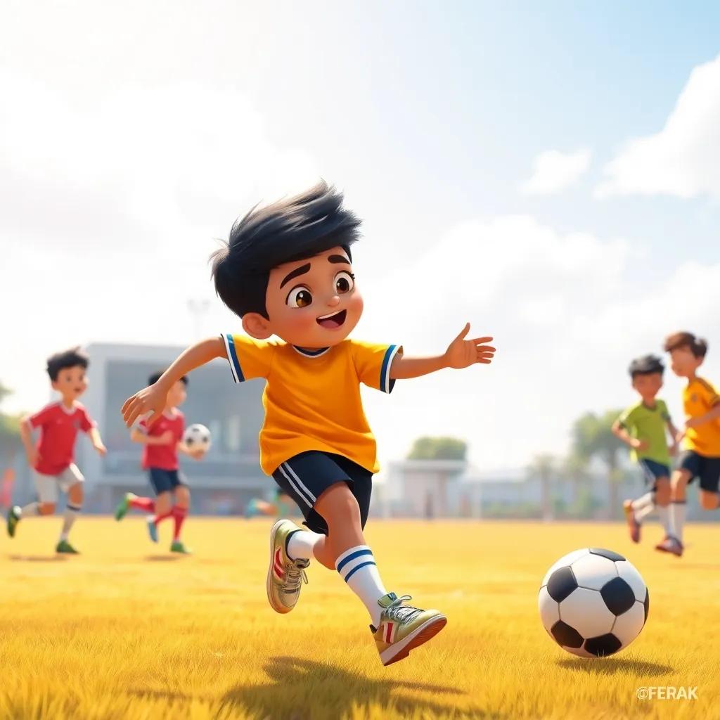 Adel, a young Arabic boy with short black hair, wearing a bright soccer jersey and shiny sneakers, eagerly playing soccer with friends in a sunny field, lively illustration, warm colors, energetic vibe, high quality