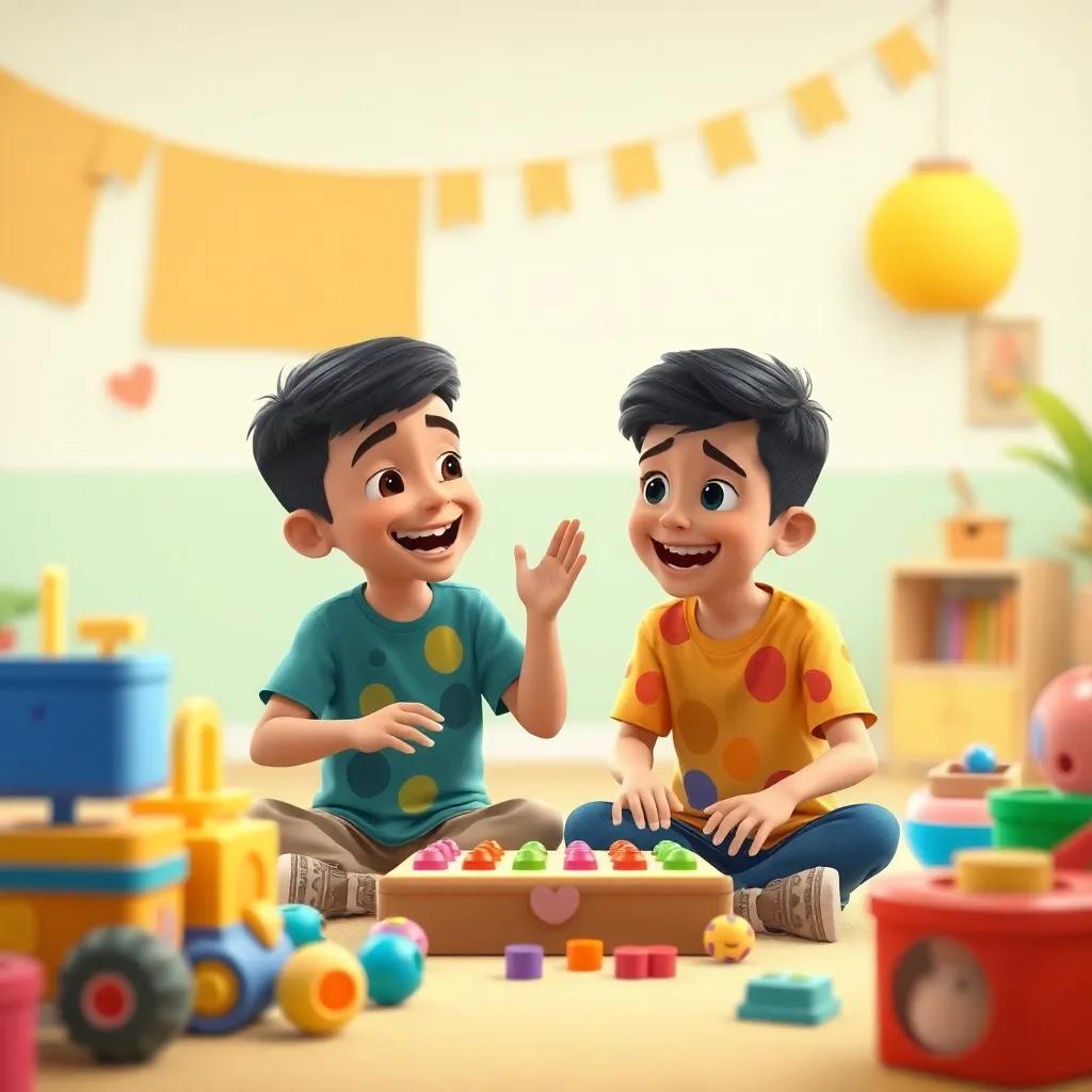 Adel, a young Arabic boy with short black hair, happily playing games with his new friend Sami, both wearing colorful shirts, surrounded by toys and laughter in a friendly setting, cheerful art, bright colors, playful atmosphere, high quality