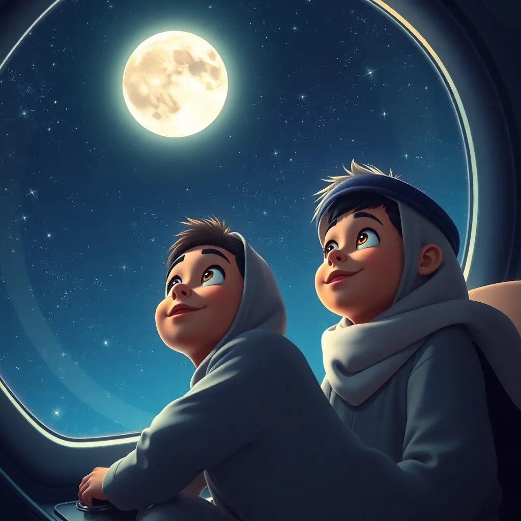 Adel and Sami, two young Arabic boys looking amazed at the moon from a spaceship, stars shining all around, with excitement in their expressions, cosmic scene, dreamy colors, adventurous mood, high quality