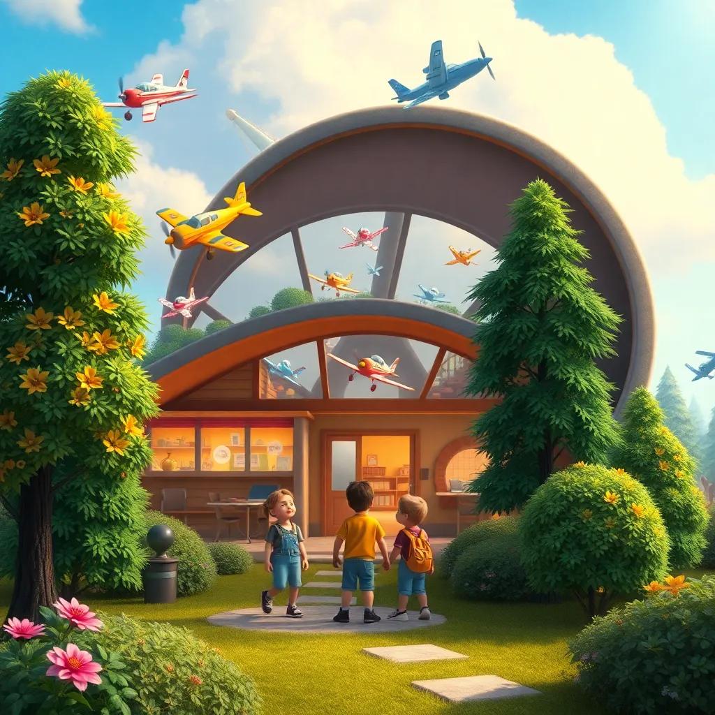 A magical airport hidden among green trees, with colorful planes flying in the sky and three curious children exploring inside, joyful atmosphere, digital art, bright colors, enchanting scene, child-friendly design