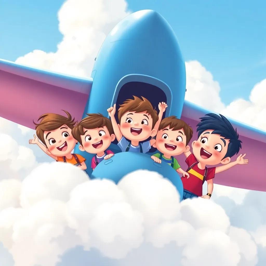 A blue airplane lowering its wings, three excited children looking out, filled with joy and wonder, surrounded by fluffy white clouds, vivid colors, cheerful style, illustration