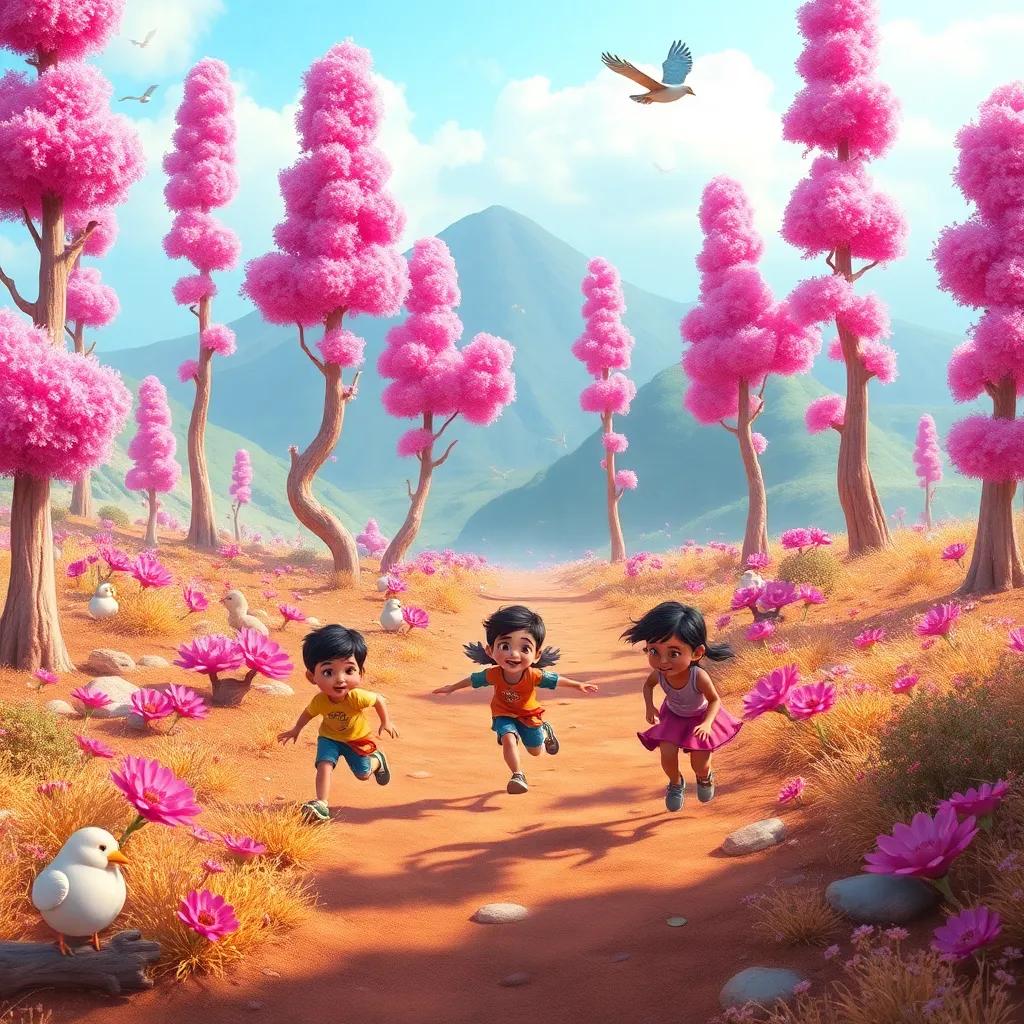 A strange land with pink trees and brightly colored birds, three children playing and running happily, colorful landscape, fantasy atmosphere, vibrant imagery, charming scene