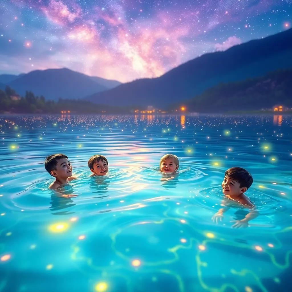 A magical lake sparkling like stars, children swimming in the warm, colorful water, surrounded by colorful scenery, joyful moment, delightful atmosphere, artistic view