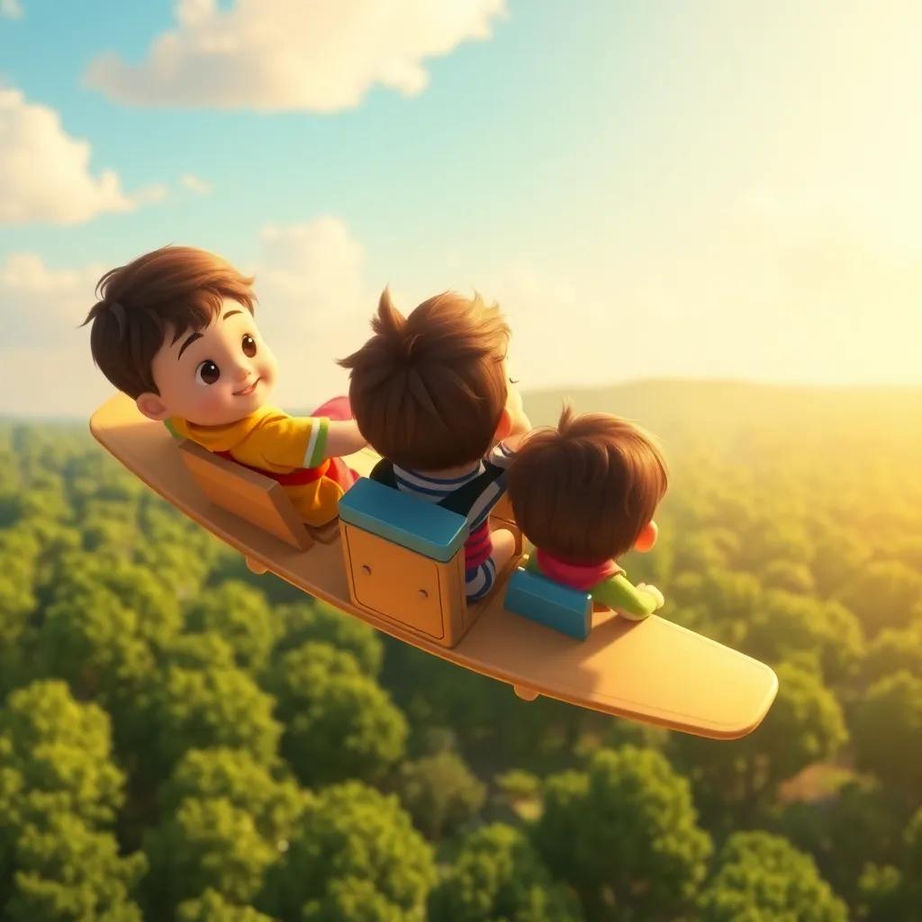 Three children on a plane flying over green trees, looking back at the beautiful land they discovered, warm sunlight, friendly and inviting, uplifting imagery
